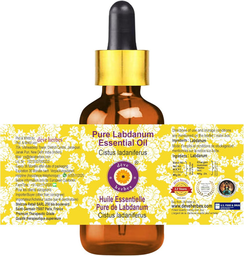 Deve Herbes Pure Labdanum Essential Oil 50ml (1.69 oz) with Glass Dropper - Steam Distilled for Aromatherapy.