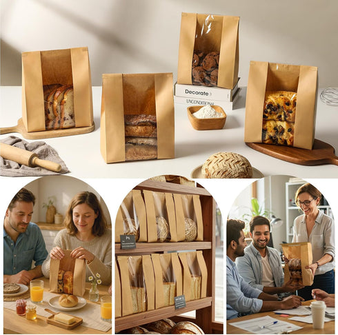PILABEL 90 Pack 14x8.3x3.5 Inch 100 Packaging Large Sourdough Bread Bags with Window and Tin Tie, Kraft Paper Bakery