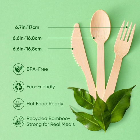 Set, Events-50 Pack Napkin and Bamboo Cutlery Compostable Utensils Disposable Cutlery for Party, Wedding, BBQ, Camping