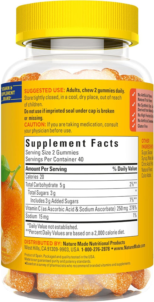 Nature Made Vitamin C 250 mg, Dietary Supplement for Immune Support, 80 Gummies, 40 Day Supply