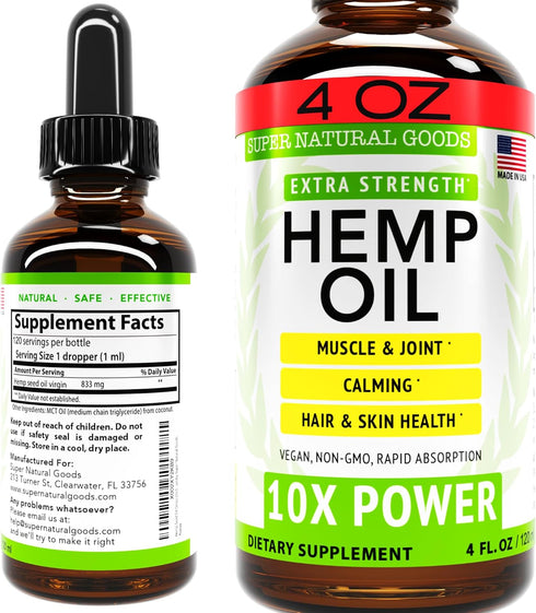 Super Natural Goods Hemp Oil, USA Made Maximum Strength Natural Hemp Seed Oil for Relief & Relaxation, Vegan, 4oz