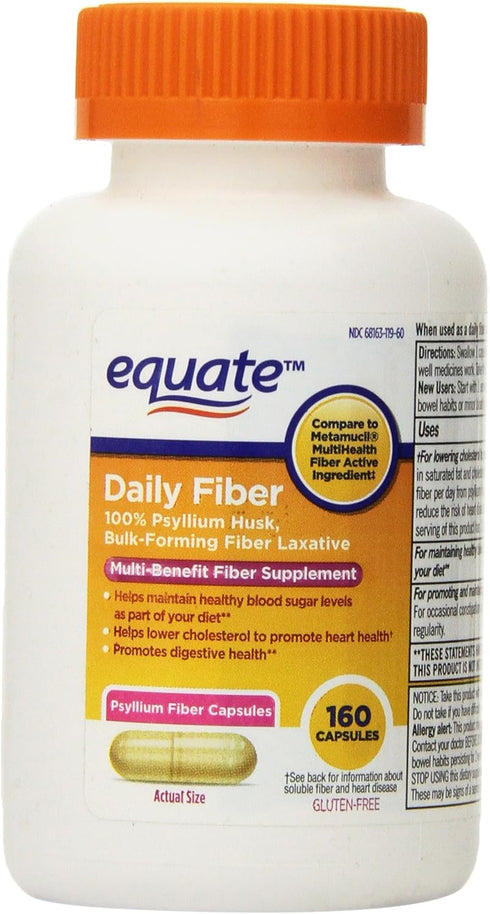 Equate Fiber Therapy, Regularity Fiber Supplement Capsules, 160-Count Bottle