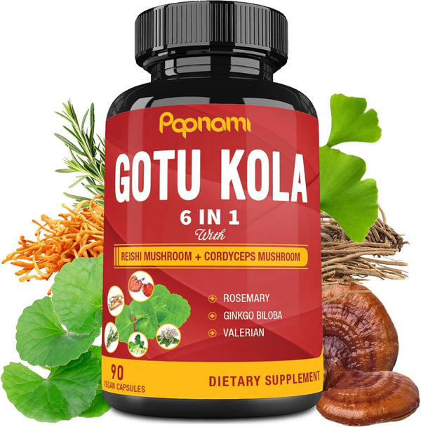 Organic Gotu Kola Extract Capsules - 90 Counts with Reishi, Cordyceps, Rosemary, Ginkgo Biloba & Valerian Root