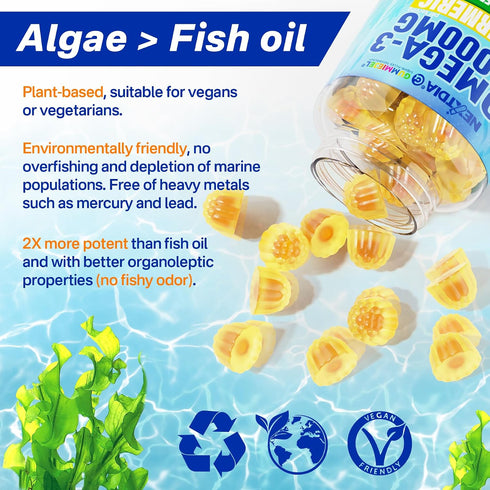 Omega-3 Gummies 1000mg 3 600mg 300mg, 60 Vegan + Turmeric - Omega Fish Oil Alternative for Adults - Algae DHA & EPA