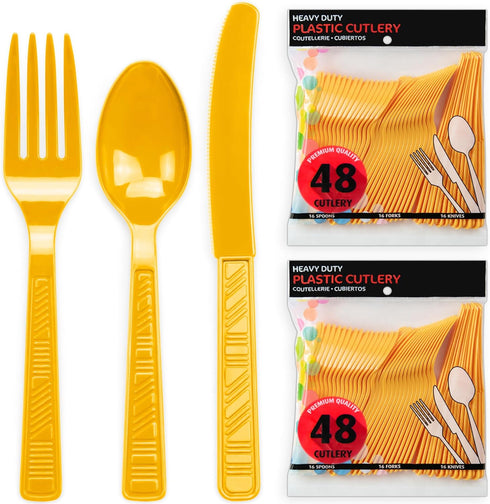 DecorRack Plastic Cutlery Set, Yellow Plastic Silverware Sets for Parties, 96 Piece Bulk Heavy Duty Plastic Utensils Set (Yellow, 96 Pieces) by DecorRack