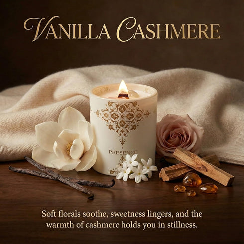 Healing Crystal Candle Gift for Women - Vanilla Cashmere Luxury Soy Candle with Crystals - Rose Quartz & Citrine