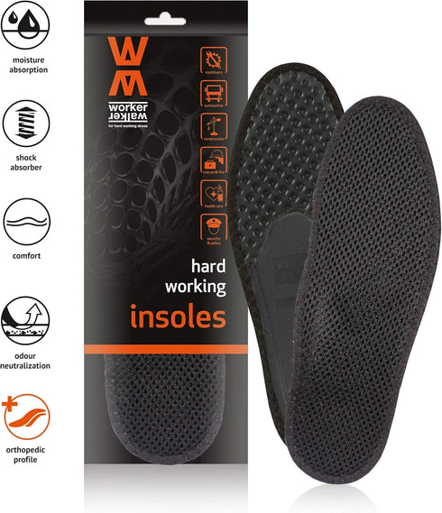 WorkerWalker (39 8 Shoe Insoles For Workwear Boots Work Shoes Safety Shoes, With Activated Carbon Charcoal Odor Control