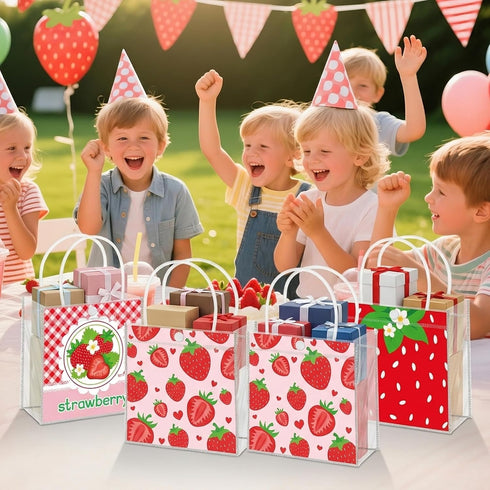 H1vojoxo Summer 24PCS 7.9x3.2x7.9 Inch Summer Fruit Gift Bags - Strawberry Clear PVC Gift Bags with Handle Fruit Theme