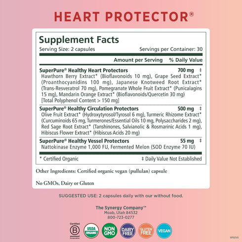 PURE SYNERGY Heart Protector - Organic Heart Health Support Supplement with Hawthorn Berry, Resveratrol, Nattokinase -