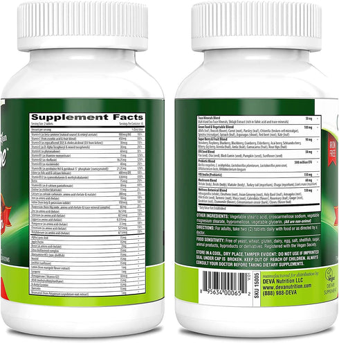DEVA Tuba Prime Vegan Multivitamin High-Potency Vitamin and Mineral Dietary Supplement Antioxidants, Fruit and Vegetable Blend, Super Mushrooms, Probiotics, Prebiotics, Seeds, Herbs - 90 Tabs, 2-Pack