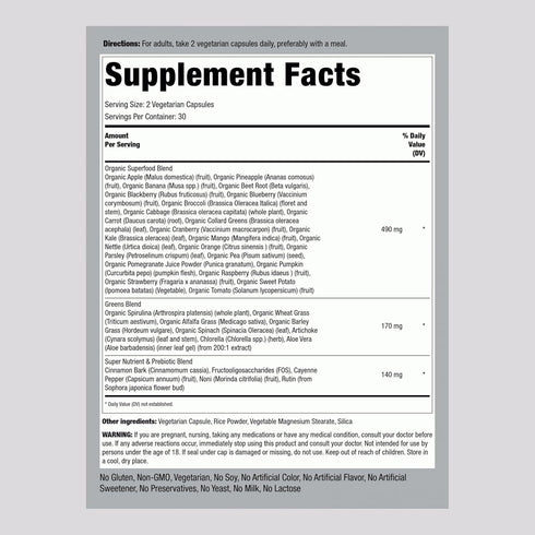Fruits and Veggies Supplement | 60 Capsules | Superfood Fruit and Vegetables Vitamins | with Prebiotic Blend | Vegetarian Formula | Non-GMO, Gluten Free | by Piping Rock