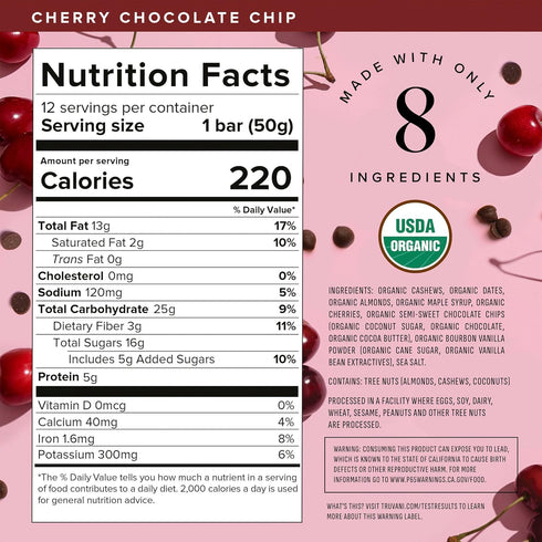 Truvani Plant Based Snack Bar - Cherry Chocolate Chip 4 Pack, 5g Protein, USDA Organic, Vegan, Gluten Free