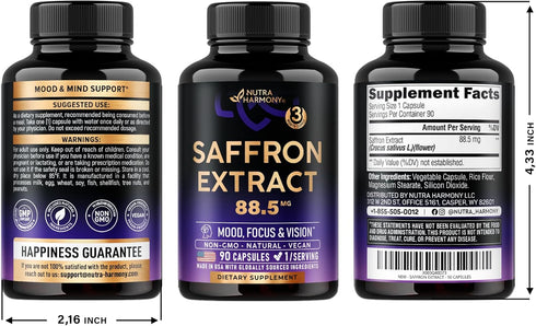 Natural Saffron Supplements, Pure Saffron Extract 88.5 mg, 90 Powder Capsules for Mood & Energy Support