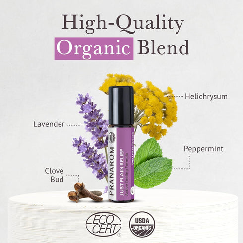 Pranarom Just Plain Relief Essential Oils, Organic Aromatherapy Blend with Lavender, Peppermint & Helichrysum, 8mL