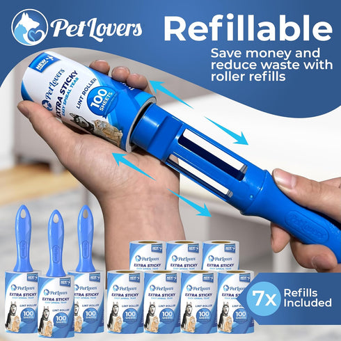 PetLovers Extra Sticky Lint Roller Bulk Set, 3 Rollers 7 Refills, 1,000 Sheets for Pet Hair Removal and Grooming