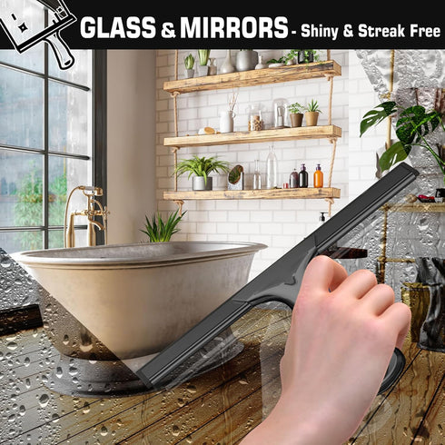All-Purpose Shower Squeegee for Shower Doors, Bathroom Cleaner Tool with 2 Adhesive Hooks, 12 Inch Black