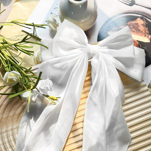 MHDGG 5Pcs Silky Satin Hair Bows - Oversized Long Tail Clips for Women in 5 Colors