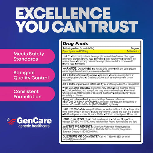 GenCare Allergy Relief Medicine, Antihistamine Diphenhydramine 25mg (600 Tablets) for Itchy Eyes, Sneezing