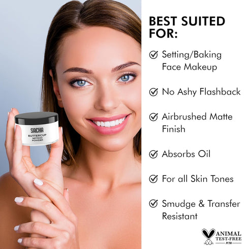 Sacha BUTTERCUP No Color Setting Powder, No Ashy Flashback, Loose Translucent Face Powder for All Skin Tones, 1.75 oz.