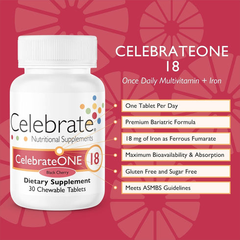 Celebrate Vitamins CelebrateONE 18 Chewables, 18mg Iron - One A Day Bariatric Multivitamin, Essential Vitamins & Minerals - Gastric Bypass & Sleeve Gastrectomy Supplement - Black Cherry (30 Tablets)