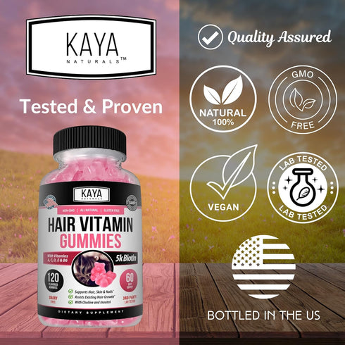 Kaya Naturals Hair Growth Gummies - Biotin 5000mcg Vitamins for Healthy Hair, Skin, Nails - 120 Count