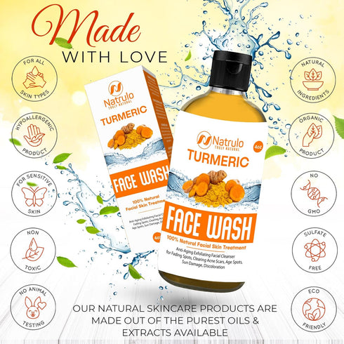 Natrulo Turmeric Face Wash, 4oz Natural Anti-Aging Exfoliating Liquid Soap for Clear Skin