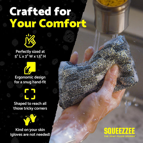 Squeezzee Soap Filled Scrubber Sponges - Non Scratch, Double Sided Kitchen & Household Cleaning Scrubbers, 4 Count