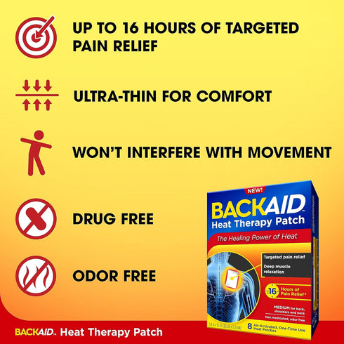 Backaid Heat Therapy Patch, Air-Activated Therapeutic Heat for Back, Shoulders, and Neck Pain Relief, 8 Count