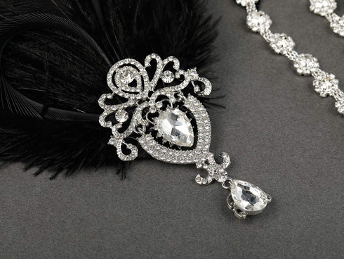 SWEETV 1920s Black Feather Headpiece, Women's Ostrich Feather Crystal Headband for Great Gatsby Hair Accessories