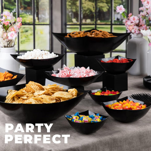 PLASTICPRO Disposable Square Serving Bowls, Party Snack or Salad Bowl, Plastic Black Pack of 4, 8 OUNCE, Black by PLASTICPRO