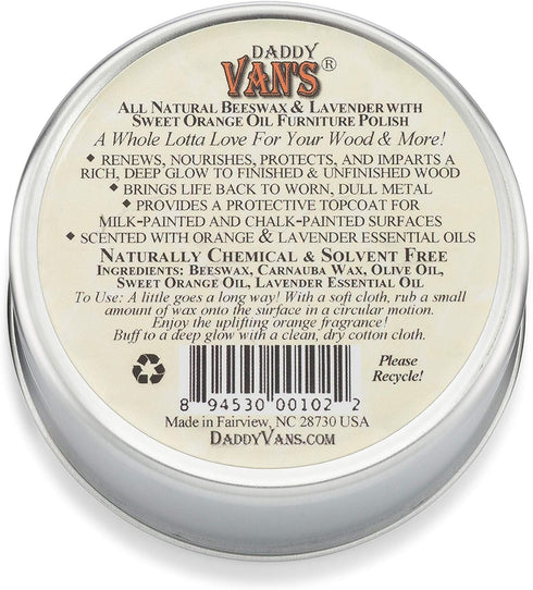 Daddy Van's Beeswax Furniture Polish, Natural Wood Polish with Lavender & Sweet Orange Oil, 6 oz
