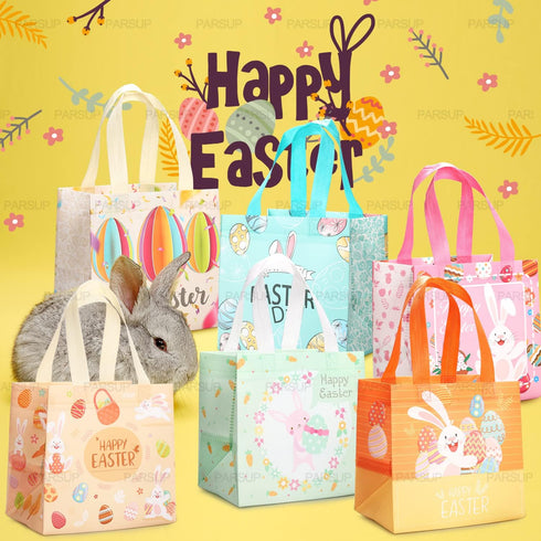 PARSUP 12PCS Happy Easter Bunny Carrot Chick Egg Hunt Gift Bags with Handles, 8.3×7.9×5.9inch, Easter Party Supplies