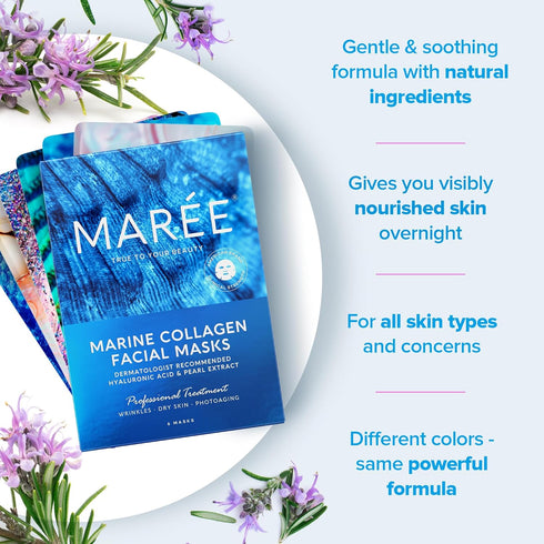 MAREE Facial Masks with Marine Collagen & Hyaluronic Acid - Moisturizing Sheet Masks with Green & Red Algae Extract, 6