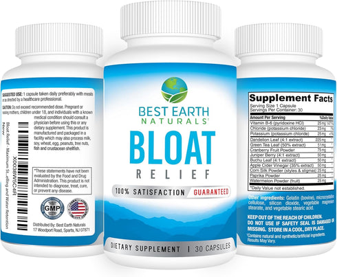 Bloat Relief Water Supplement, Best Earth Naturals, with Dandelion, Green Tea, Cranberry, Apple Cider Vinegar & More,