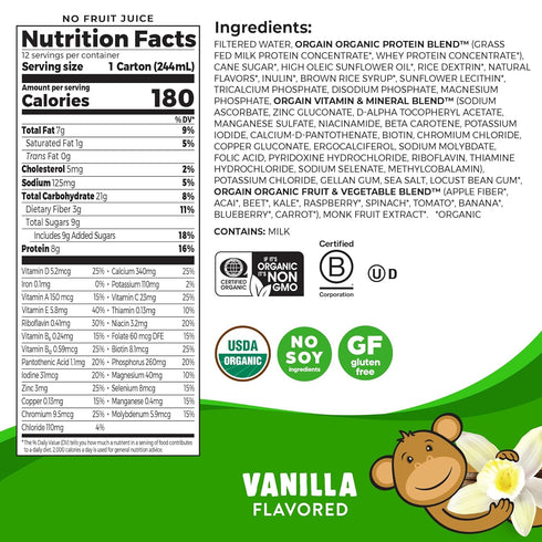 Orgain Organic Kids Nutritional Protein Shake, Vanilla - 8g Dairy Protein, 3g Fiber, 22 Vitamins, 8.25 Fl Oz (Pack of