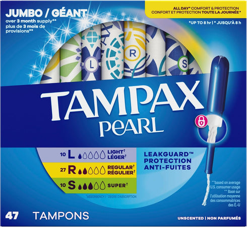 Multipack, 47 Count Tampax Pearl Tampons for Women with LeakGuard Braid, Light/Regular/Super Absorbency, Unscented