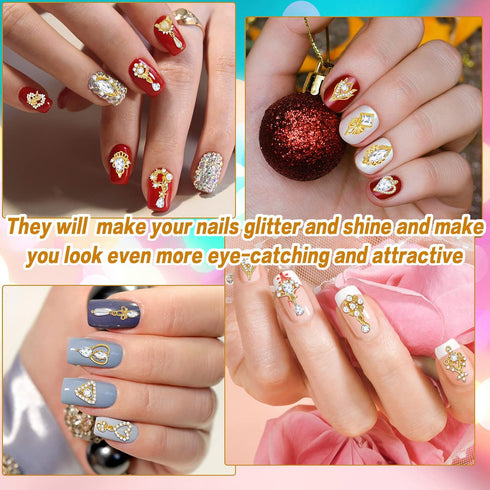 Maitys 54 Pieces Gold Nail Charms, Rhinestones Heart Nail Charms, Alloy 3D Dangle Nail Jewelry for Christmas Nail DIY
