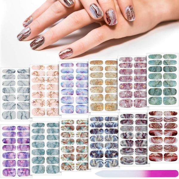Maitys 168 Pcs Full Wrap Nail Stickers Polish Strips, Glitter Self Adhesive DIY Gel Nail Strips with Fingernail Files