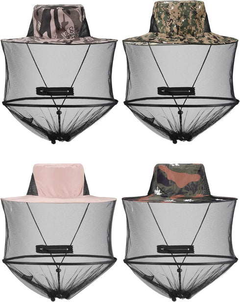 4 Pieces Mosquito Cap Net Hat with Zipper, Foldable Fly Protection for Fishing, Hiking, Gardening, 4 Colors
