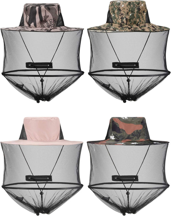 4 Pieces Mosquito Cap Net Hat with Zipper, Foldable Fly Protection for Fishing, Hiking, Gardening, 4 Colors