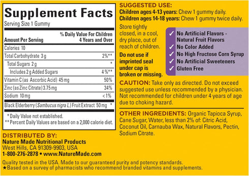 Nature Made Kids First Elderberry Gummies with Vitamin C and Zinc, Dietary Supplement for Immune Support, 40 Count