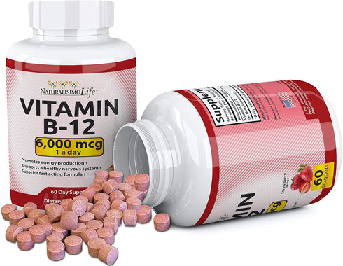 Vitamin B12 6,000 mcg Maximum Strength Fast Acting Formula, Strawberry Flavor Nuggets - Supports Energy Production,