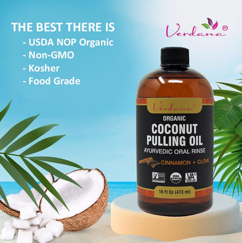 Verdana Organic Coconut Pulling Oil, Big 16 Fl Oz Size, Cinnamon + Clove, Ayurvedic Mouthwash, Alcohol & Fluoride Free