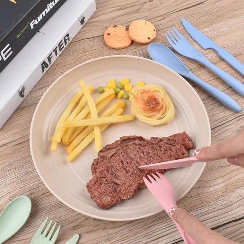 Knives Spoons and Forks Set, Wheat Straw Reusable Cutlery Set for 8, Utensils for Party, Travel, Picnic, Camping
