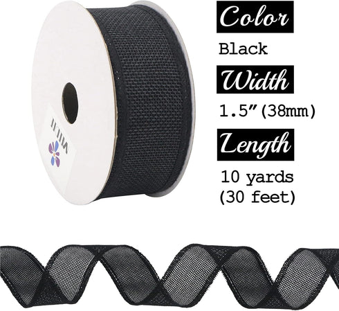 MEEDEE Black Burlap Wired Ribbon - 1.5 Inch, 10 Yards for Crafts, Weddings, Gift Wrapping, Home Decorating