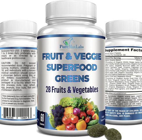 Superfood Greens - 28 Fruits and Vegetables, Natural Antioxidants - 60 Tablets with Alfalfa, Spirulina, Beet Root