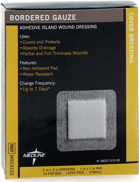 Medline Bordered Gauze, 2" x 2" Adhesive Island Wound Dressing, 15 Count