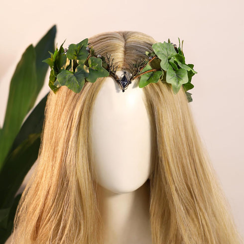 MOSTORY Woodland Leaf Fairy Crown, Floral Elf Headpiece Green Leaf Headband for Women Renaissance Masquerade