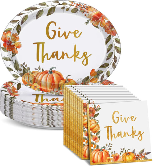 Maxdot 100 Pcs Thanksgiving Plates and Napkins 10 x 12 Inch Disposable Gold