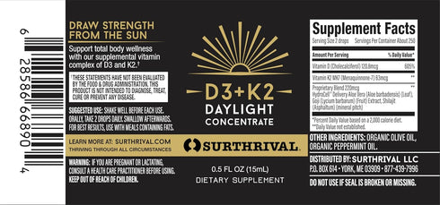 Surthrival Vitamin D3+K2 Daylight Concentrate, 0.5 oz, Approx. 270 Servings, Supports Immune & Bone Health